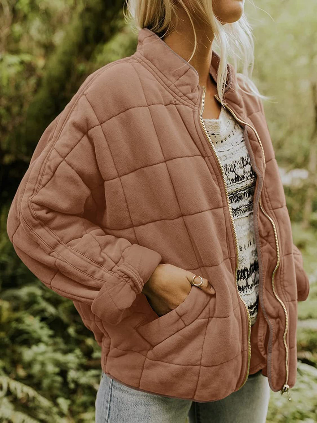 Stand collar padded loose pocket jacket