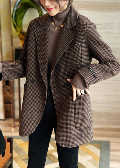 Plaid Button Pockets Patchwork Cotton Coats Fall