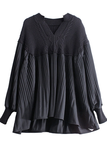 Black Patchwork Wrinkled Loose Knitted Tops Long Sleeve