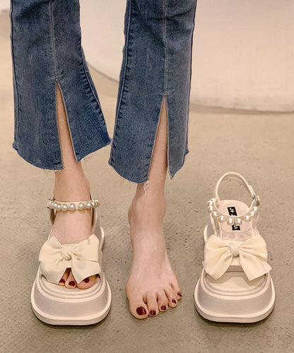 Boutique Nail Bead Bow Buckle Strap Splicing Platform Sandals Beige