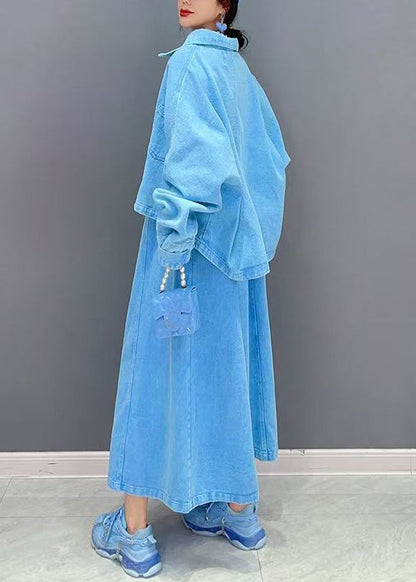 Blue Patchwork Button Coats and Maxi Dresses Two-piece Set Fall