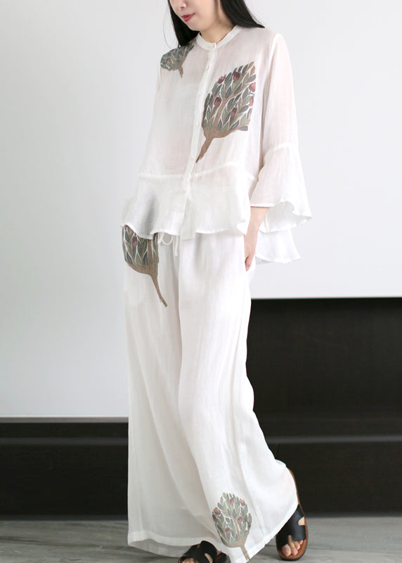 Red Print Linen Tops and Wide Leg Pants Two Pieces Set Drawstring Flare Sleeve
