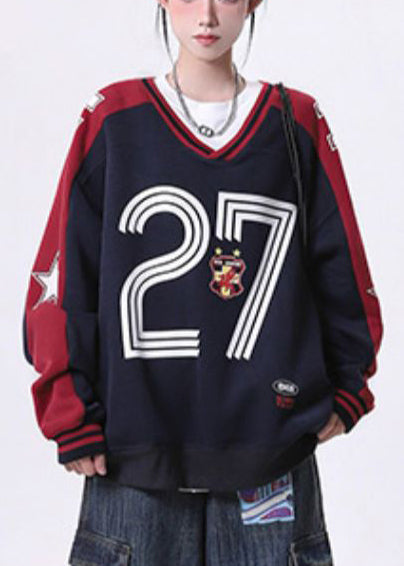 Diy Navy Zip Up Patchwork Cotton Pullover Spring