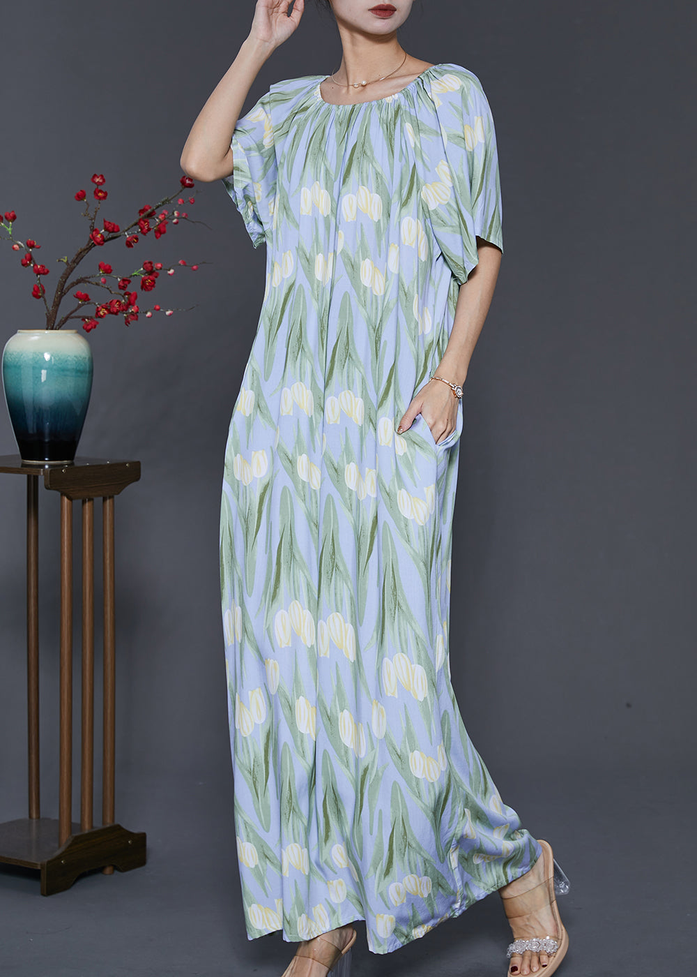 Light Blue Print Cotton Beach Dresses Summer