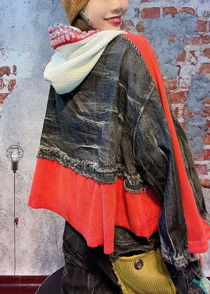 Loose Red Hooded Zippered Fall Denim Coat Long Sleeve
