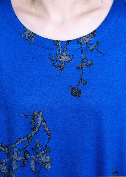 Blue O-neck Print Cotton Maxi Dress Spring