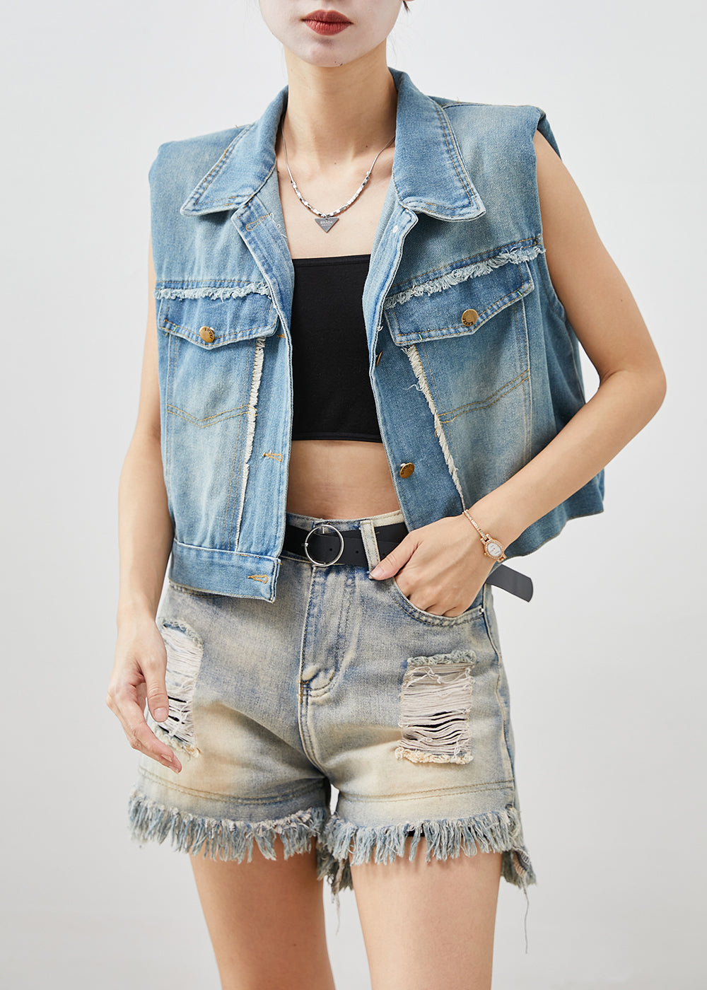 Denim Blue Tasseled Cotton Vests Fall