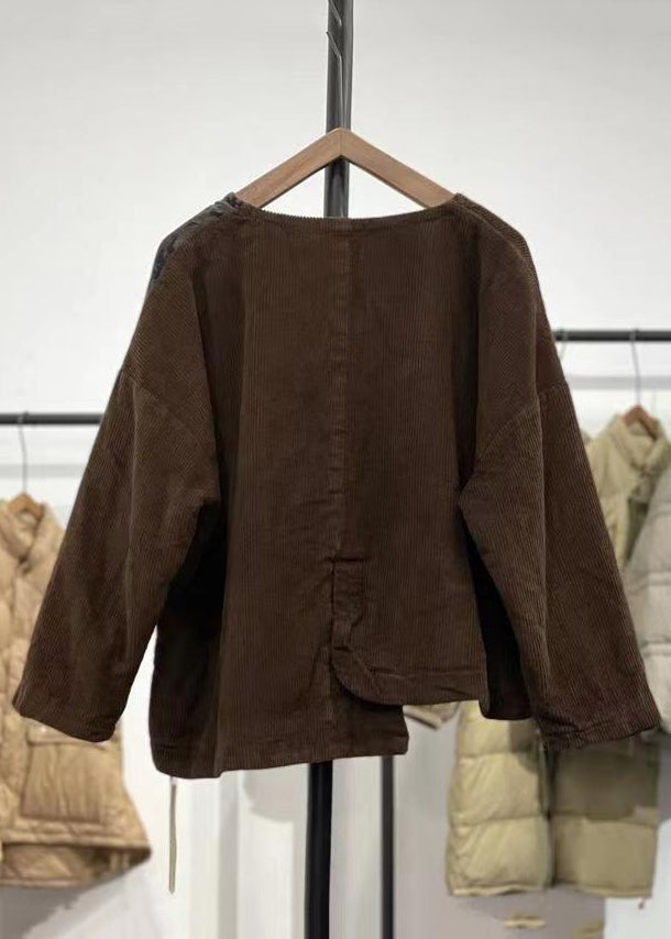 Coffee Asymmetrical Patchwork Corduroy Tops Fall