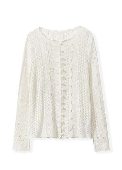 Beige O Neck Hollow Out Knit Cardigan Fall