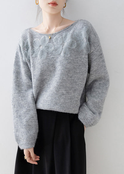 Grey O Neck Sequins Knitted Sweaters Spring