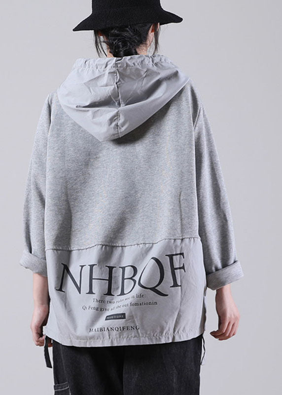 Comfy Grey Hooded Drawstring Graphic Fall Patchwork Sweatshirts Top