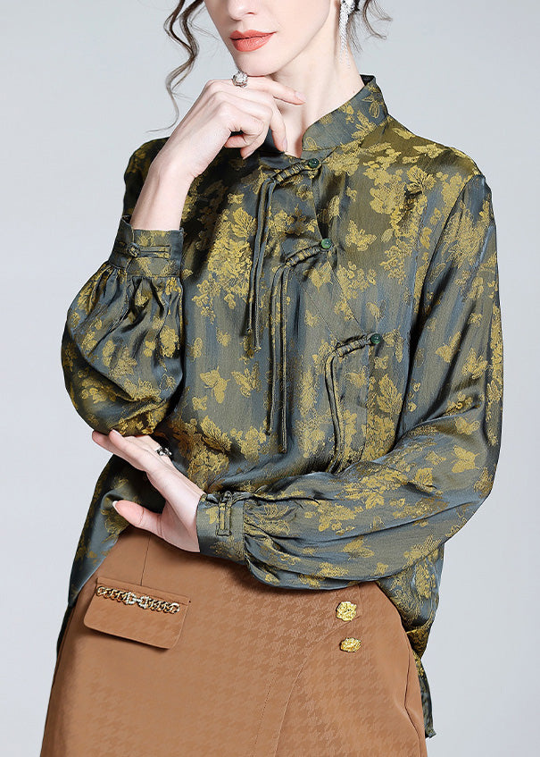 Yellow Green Print Button Silk Tops Long Sleeve