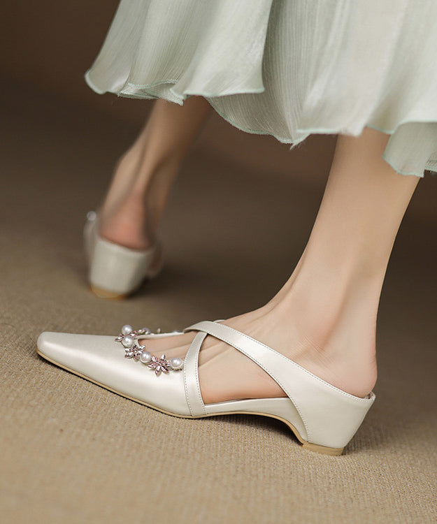Beige Wedge Sheepskin Splicing Slide Sandals Zircon Nail Bead