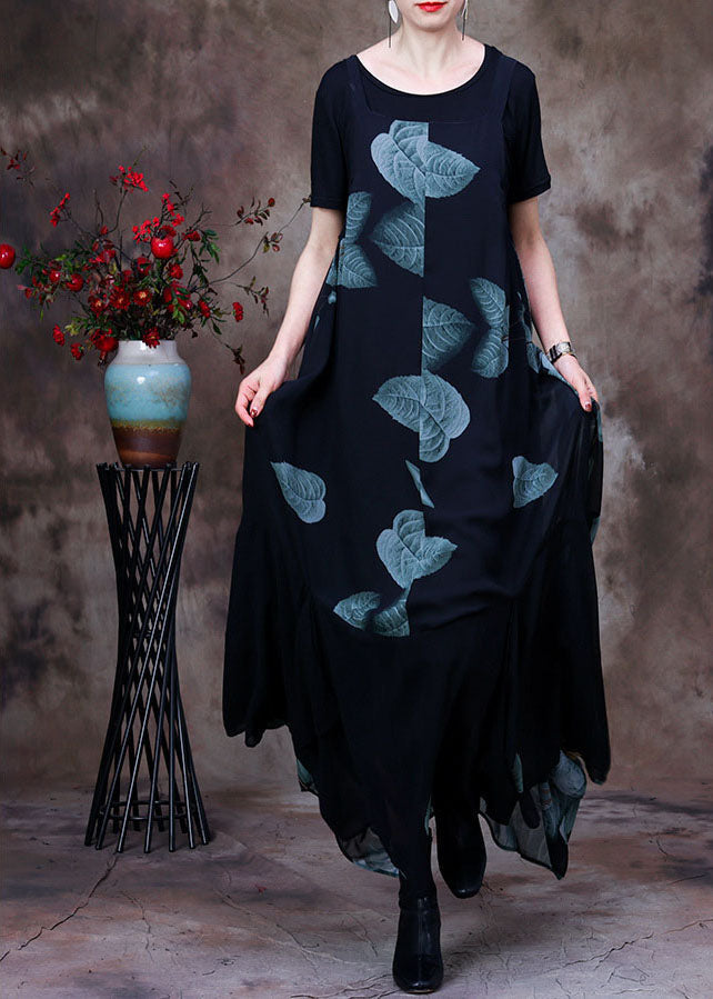 Black Asymmetrical Print Chiffon Strap Dress and Tanks Two Pieces Set Summer