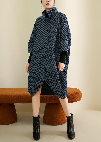 French Navy Plaid Button Patchwork Cotton Coat Batwing Sleeve