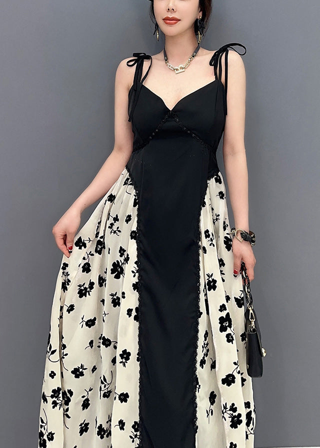 Black Bustier Top Patchwork Print Silk Spaghetti Strap Dress Summer