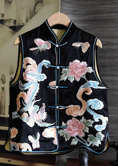 Simple Black Embroideried Patchwork Silk Vest Tops Sleeveless