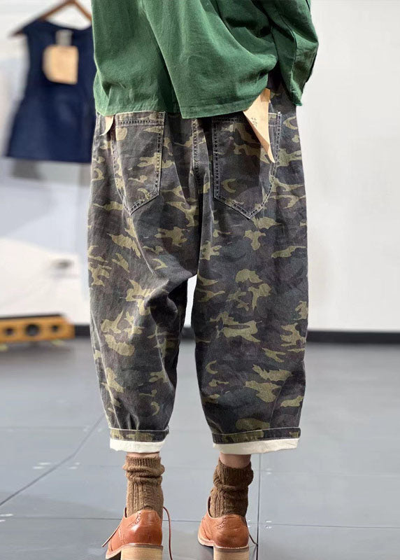 Green Elastic Waist Embroideried Camouflage Cotton Harem Pants Fall