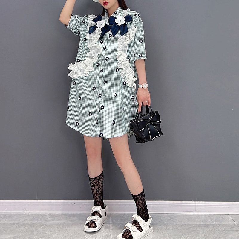 Plaid Peter Pan Collar Button Lace Patchwork Shirt Half Sleeve