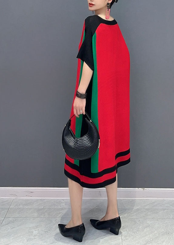 Loose Red O-neck Knit Sweater Dresses Short Sleeve