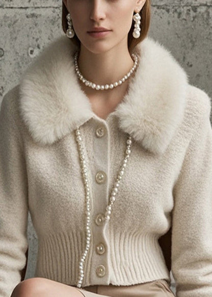 Unique White Faux Rabbit Hair Collar Thick Woolen Coat Outwear Winter