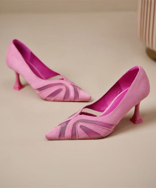 Pink Suede High Heels Pointed Toe Splicing Tulle