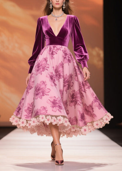 Boutique Purple Print Patchwork Silk Velvet Party Dress Spring