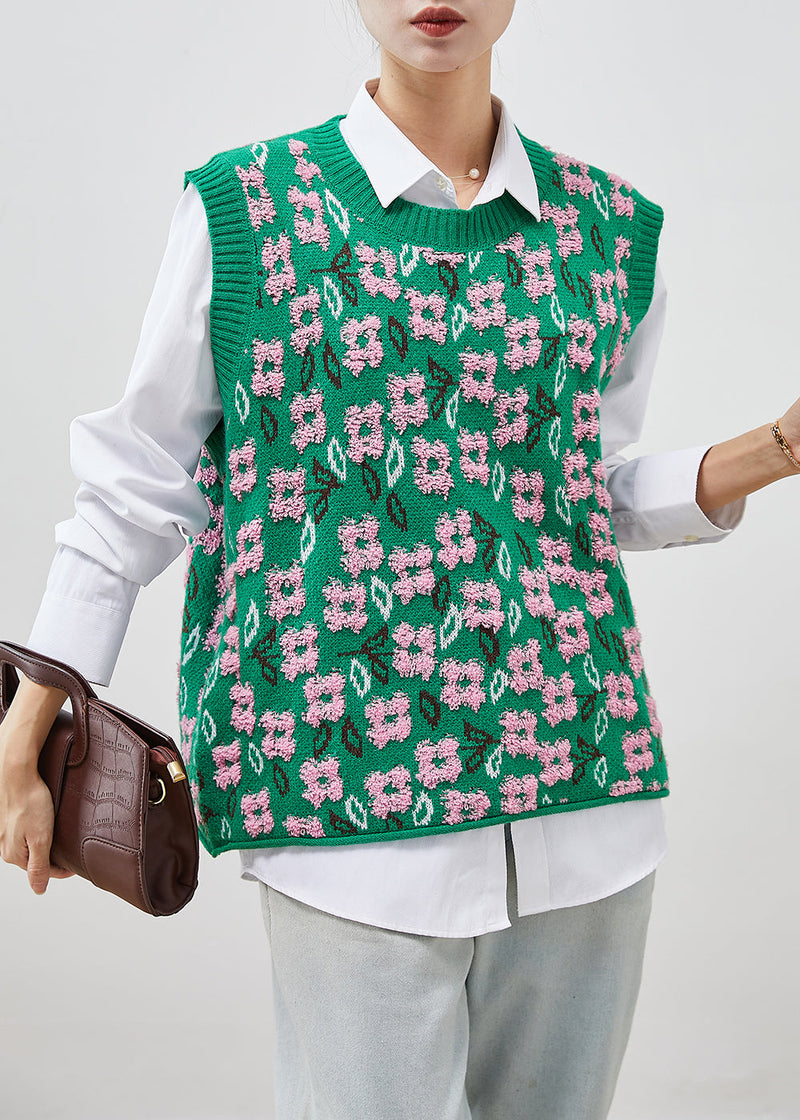 Green Jacquard Chunky Knit Vests Winter