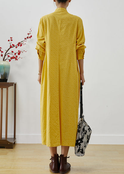 Yellow Tasseled Wrinkled Cotton Shirt Dress Fall