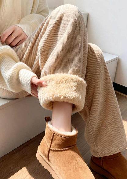Khaki Pockets Patchwork Corduroy Fleece Pants Winter