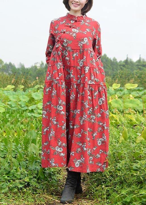 Stand Collar Large Hem Spring Clothes Red Print Long Dresses