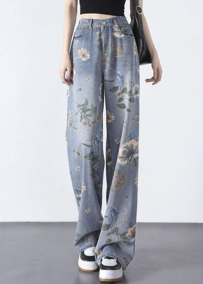 Diy Blue Print Zippered Long Straight Jeans