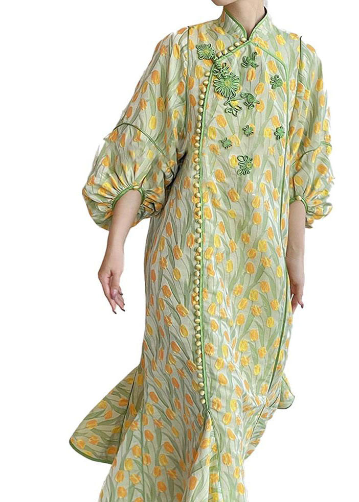 Yellow Green Embroidered Button Silk Maxi Dresses Spring