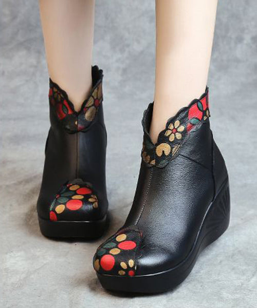 Red Splicing Cowhide Leather Ankle Boots Wedge