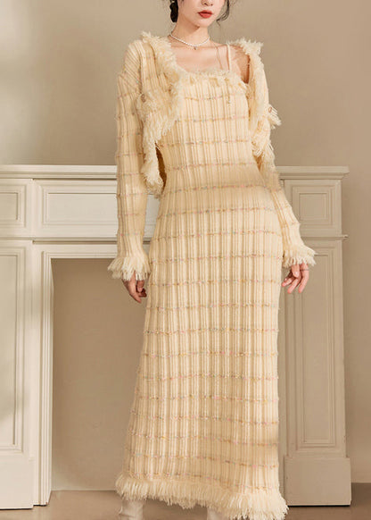 Stylish Beige Tassel Coat and Dress Knit Two Pieces Set Winter