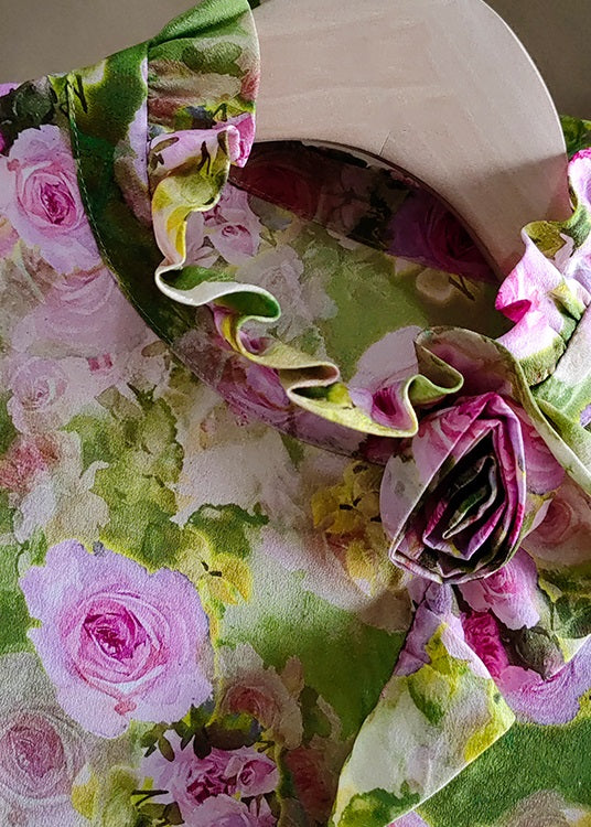 Green Ruffled Rose Print Silk Tops Spring