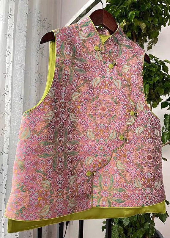 Pink Asymmetrical Button Print Cotton Waistcoat Sleeveless Fall