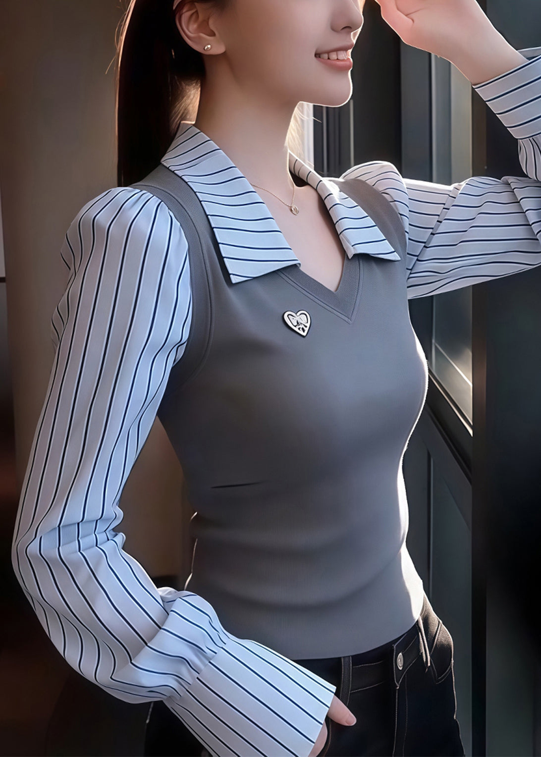 Slim Fit Grey Striped False Two Pieces Patchwork Knit Sweaters Spring
