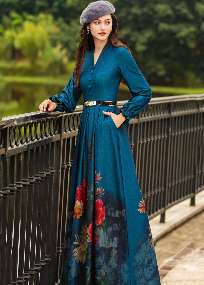 Unique Navy V Neck Print Exra Large Hem Sashes Cotton Denim Dress Spring