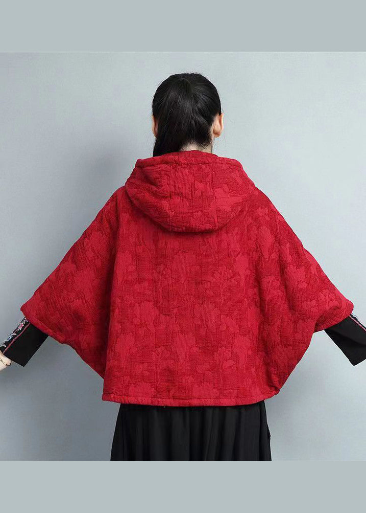 Red Embroidered Chinese Button Hooded Warm Fleece Coat Spring