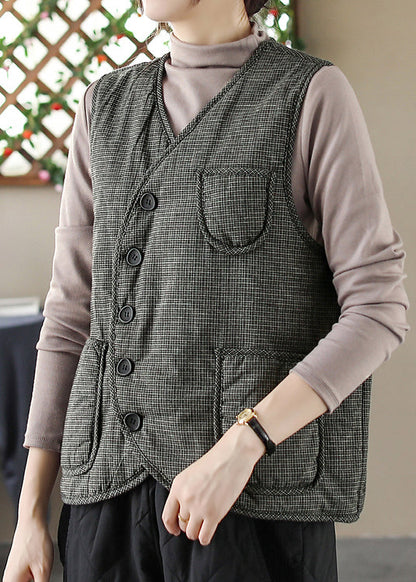 Black V Neck Plaid Pockets Fine Cotton Filled Vest Sleeveless