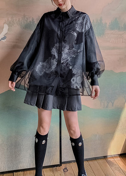 Black Peter Pan Collar Lace Up Patchwork Tulle Shirt Lantern Sleeve