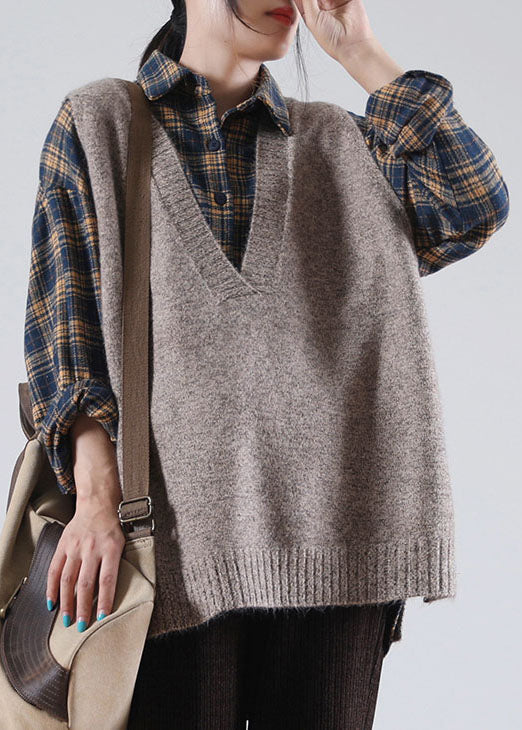 Khaki V Neck Side Open Sleeveless Knit Vest