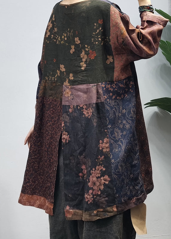 Chocolate O-neck Side Open Print Patchwork Linen Tops Long Sleeve Spring