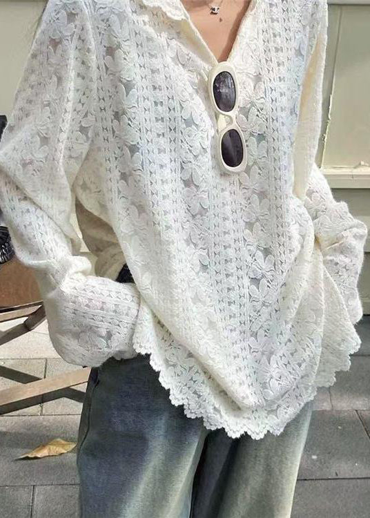 French White Hooded Patchwork Lace T Shirts Fall