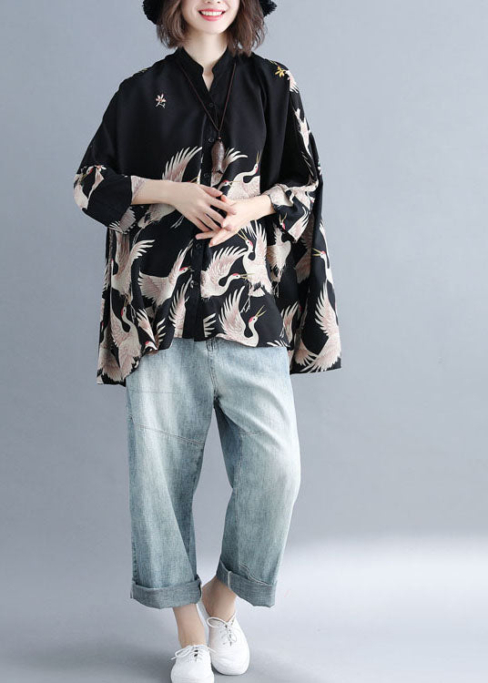 Navy Stand Collar Oversized Print Chiffon Top Batwing Sleeve