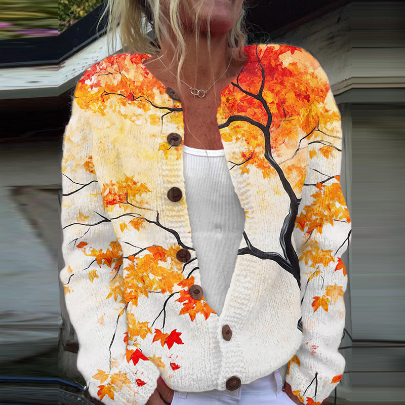 Autumn Maple Leaf Art Print Knitted Cardigan artswardrobe