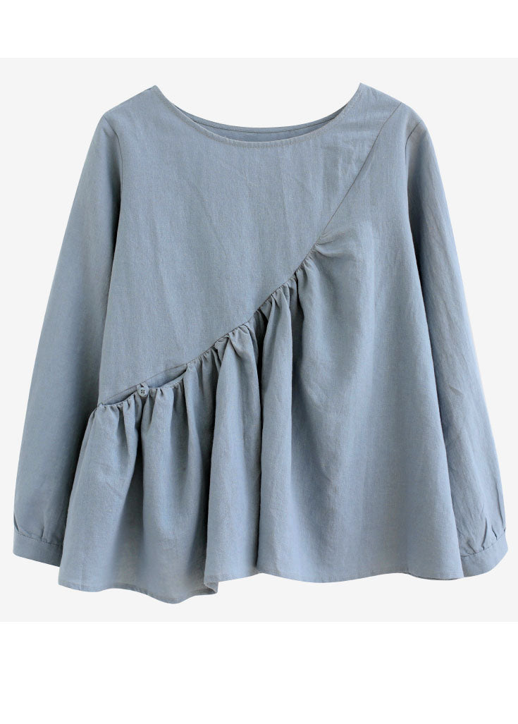 Light Blue O-neck Patchwork Ruffles Cotton Shirts Spring