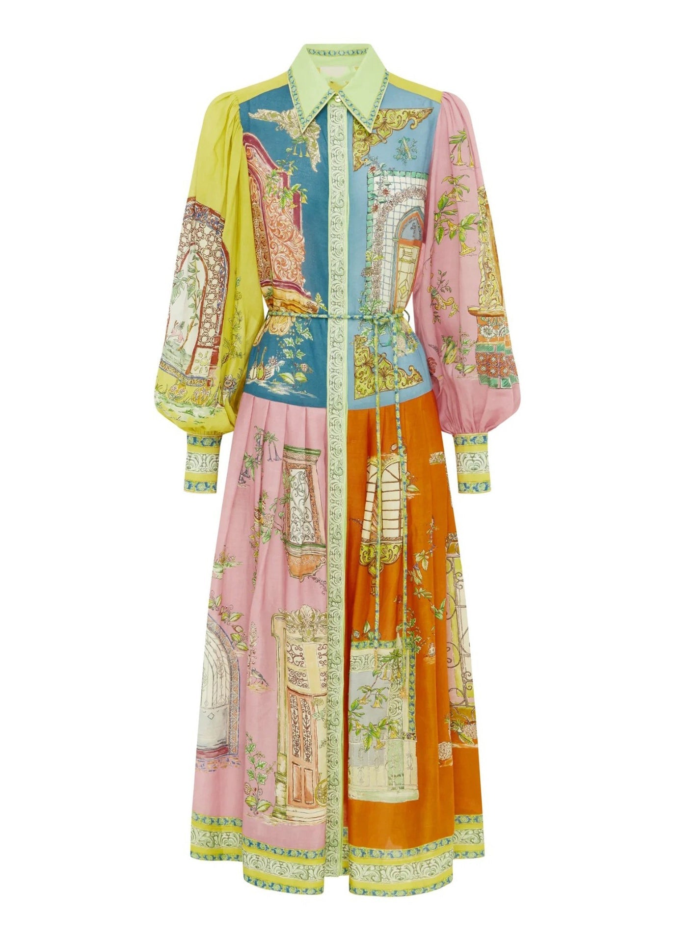 Lantern Sleeve Graffiti Printed Wrinkled Lace Up Dress Spring