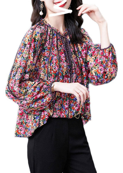 Red Print Stand Collar Ruffled Silk Top Long Sleeve